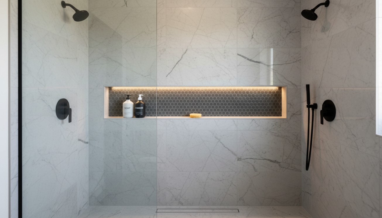 Finished waterproof shower niche with LED lighting integrated into a large-format tiled walk-in shower